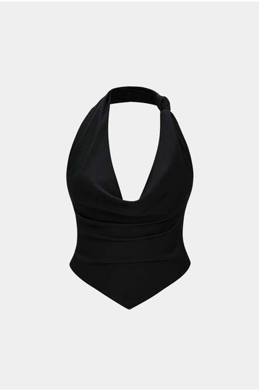 Halter Draped Cowl Neck Backless Ruched Sleeveless Top