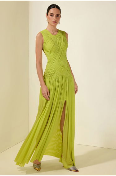 Ruched Solid Sleeveless Maxi Dress