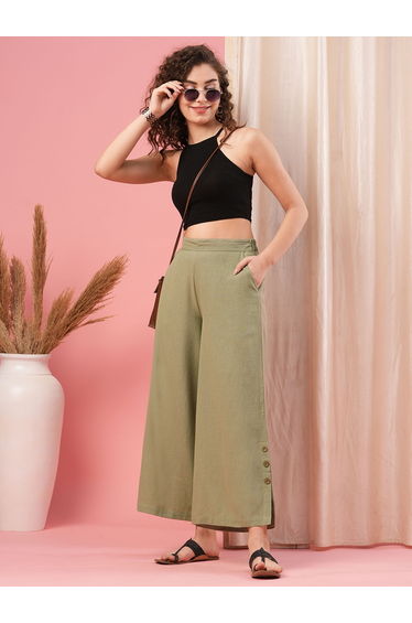 Mid Rise Semi Elastic Waist Opaque Wide Leg Palazzos