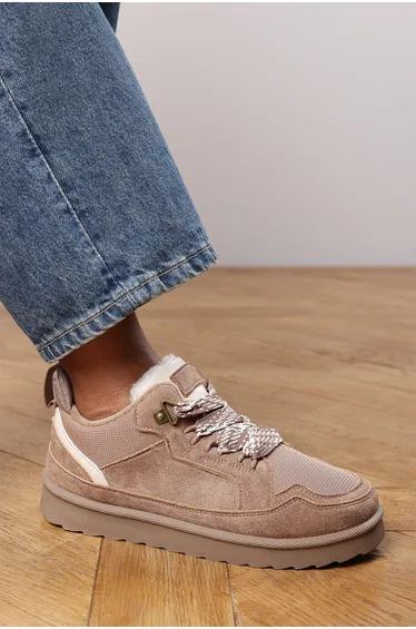 Elara Camel Suede Lace-Up Trainers with Chunky Sole and Mesh Panel