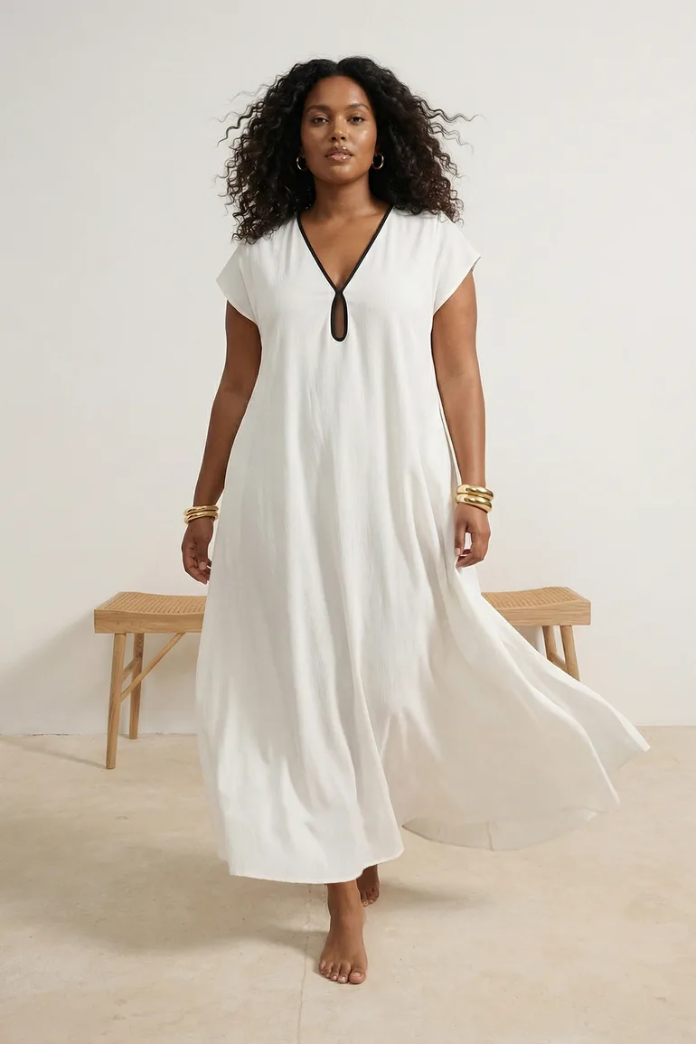 Ecru bias detail long plus size kimono & kaftan