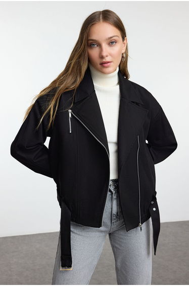 Black Oversize Belted Gabardine Biker Thin Jacket Coat
