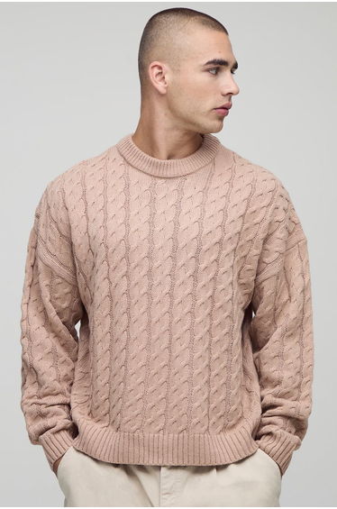 Boxy Fit Cable Knitted Jumper - taupe
