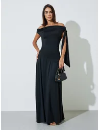 Black Asymmetric Neck Draped Maxi Dress