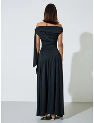 Black Asymmetric Neck Draped Maxi Dress - 4