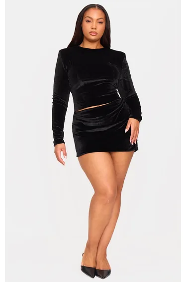 Plus Black Velvet Curved Asymmetric Mini Skirt
