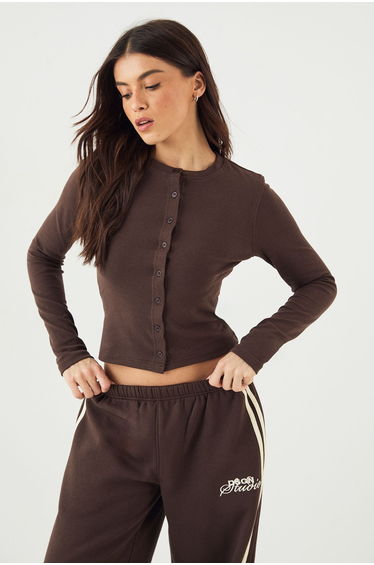 DSGN Studio Button Through Crew Neck Long Sleeve Top - dark chocolate