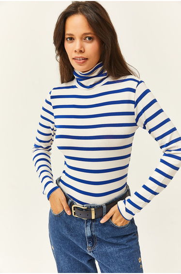 Women's Saks Blue Striped Turtleneck Premium Soft Touch Flexible Blouse