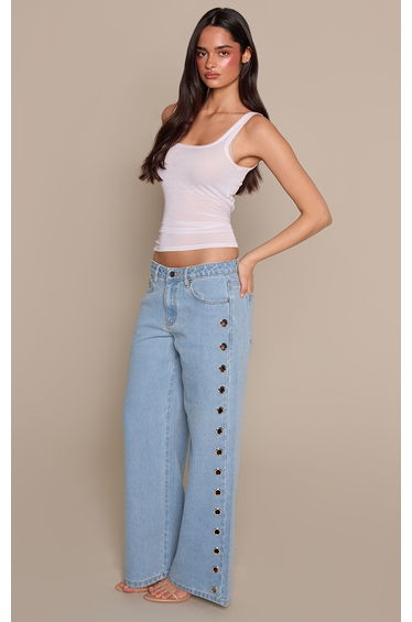 Ice Blue Eyelet Detail Wide Leg Jeans