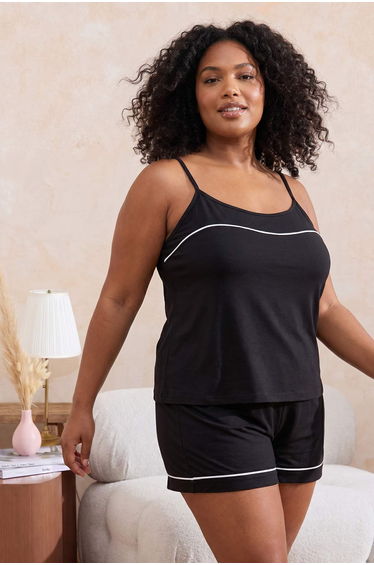 Black Piped Soft Keys Strap Plus Size Pajama Set