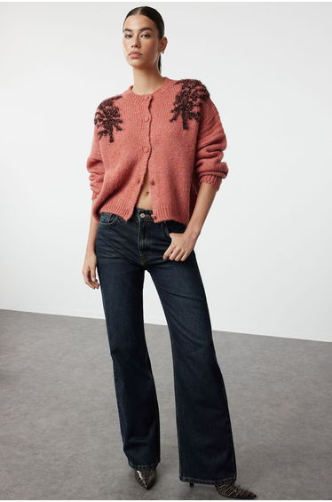 Tile Soft Textured Shiny Glitter Embroidered Knitwear Cardigan
