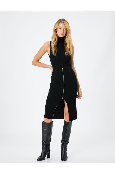 Zipper Detail Midi Knitwear Skirt