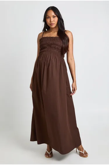 Materntiy Cotton Poplin Shirred Strappy Maxi Dress - chocolate