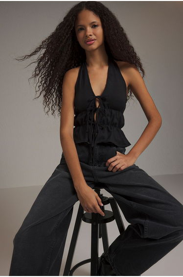 Black V Neck Tie Detailed Knitted Blouse