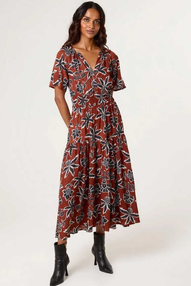 Notch Neck Elastic Tropical Print Dress