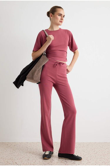 Dusty Rose Plain Fitted Standard Sleeve Short Regular Ribbed Knitted Bottom - Top Set