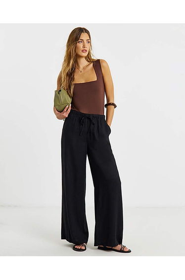 Tie Waist Wide Leg Linen Mix Trousers