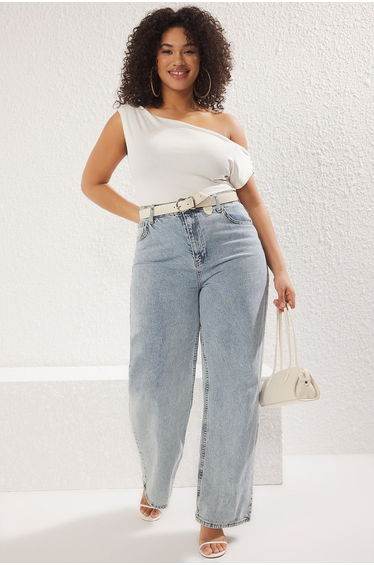 Ecru Asymmetric Collar Knitted Plus Size Blouse
