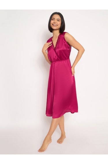 Solid Lace Detail Open Back Satin Nightdress