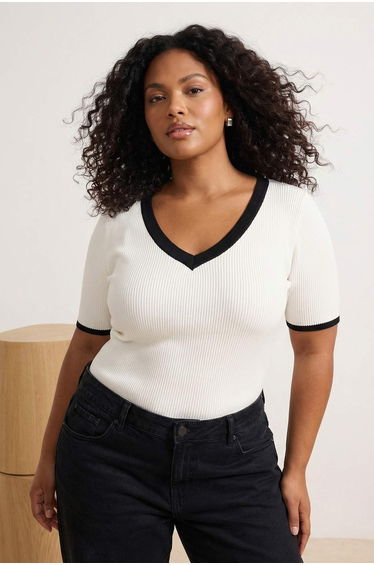 Ecru Corded Fabric Heart Neck Premium/Special Yarn Knitwear Blouse