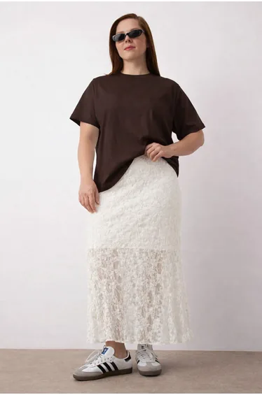 Ecru Lace A-Line Mini Lined Plus Size Skirt