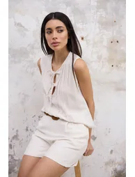 Beige Linen Look Crew Neck Ribbed Woven Blouse - 2