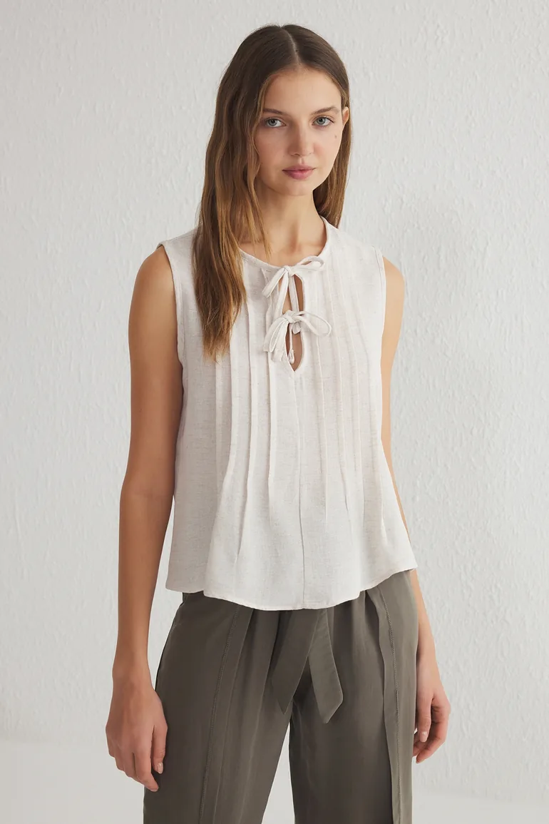 Beige Linen Look Crew Neck Ribbed Woven Blouse - 5