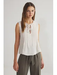 Beige Linen Look Crew Neck Ribbed Woven Blouse - 5
