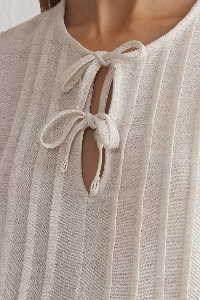 Beige Linen Look Crew Neck Ribbed Woven Blouse - 7