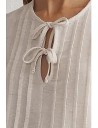 Beige Linen Look Crew Neck Ribbed Woven Blouse - 7