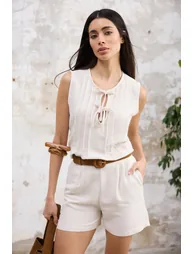 Beige Linen Look Crew Neck Ribbed Woven Blouse - 1