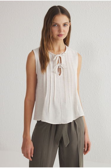 Beige Linen Look Crew Neck Ribbed Woven Blouse