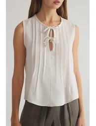 Beige Linen Look Crew Neck Ribbed Woven Blouse - 6