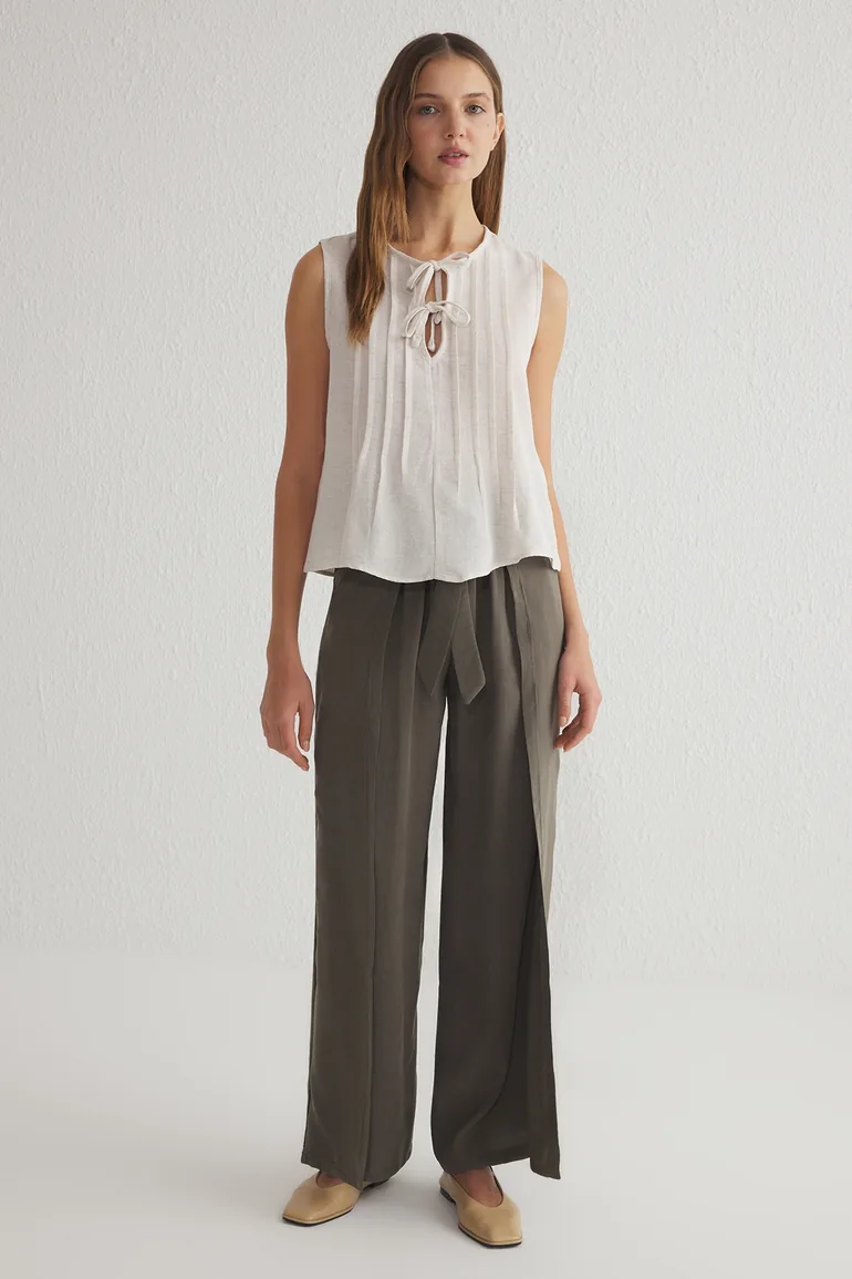 Beige Linen Look Crew Neck Ribbed Woven Blouse