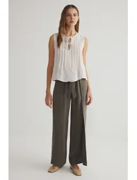 Beige Linen Look Crew Neck Ribbed Woven Blouse
