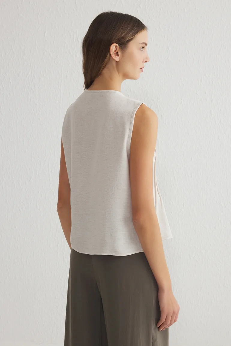 Beige Linen Look Crew Neck Ribbed Woven Blouse - 8