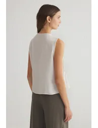 Beige Linen Look Crew Neck Ribbed Woven Blouse - 8