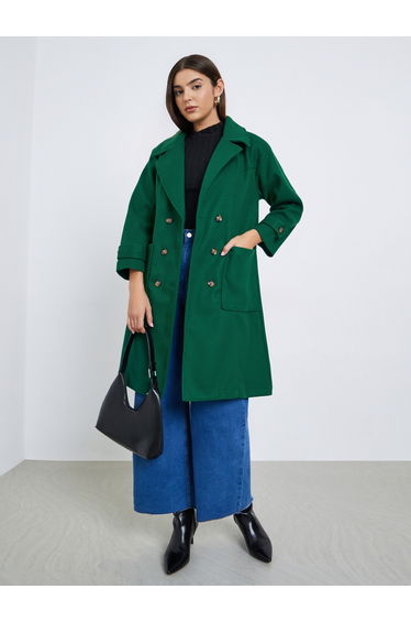 Dark Green Double Breasted Wool Like Coat with Pocket Detail