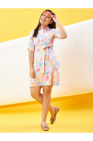 Checked Print Shirt Dress with Tie Belt