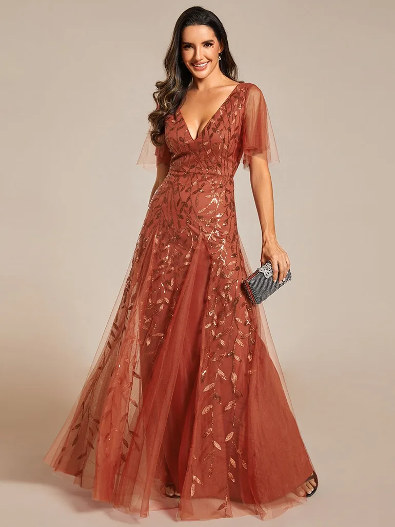 Romantic Shimmery V Neck Ruffle Sleeves Maxi Evening Gowns - 4