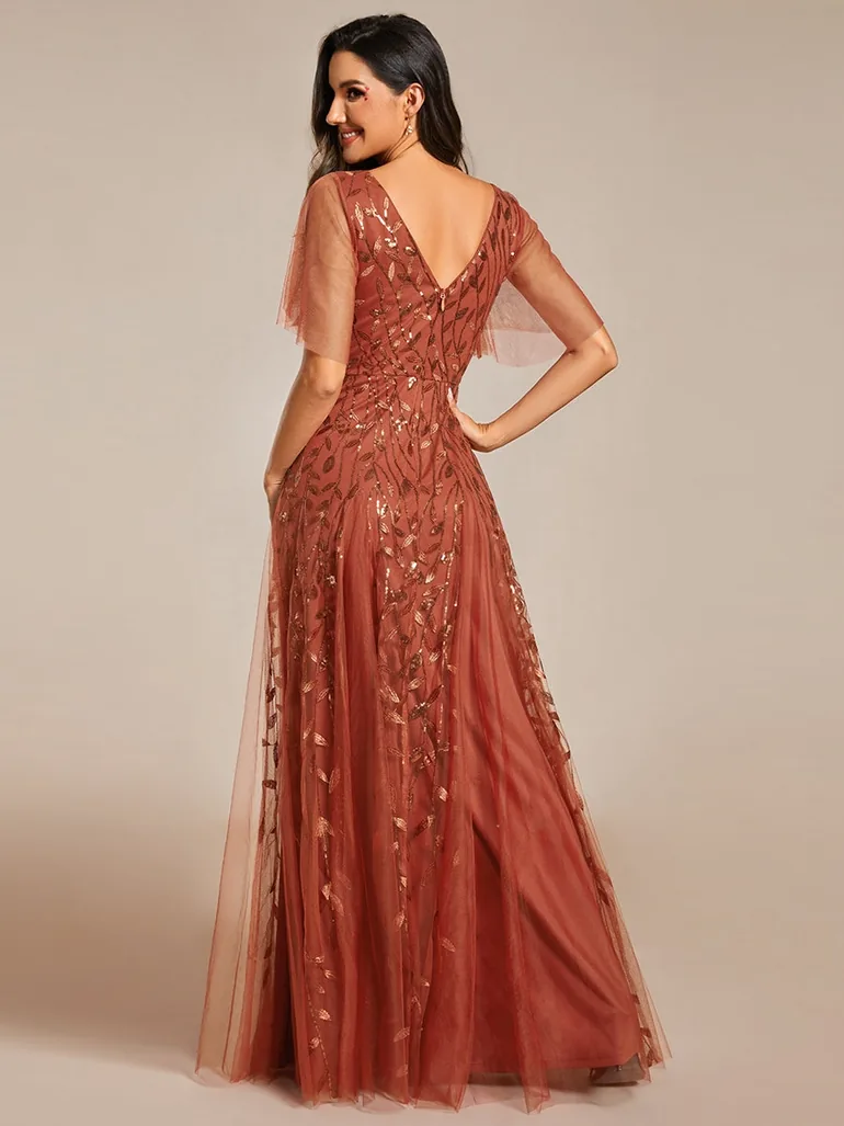 Romantic Shimmery V Neck Ruffle Sleeves Maxi Evening Gowns - 1