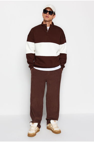 Brown Oversize/Wide Cut Snap Fastener Stand Collar Color Fleece Cotton Sweatshirt