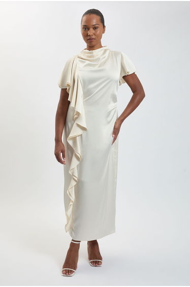 Plus Size Textured Satin Ruffle Detail Midi Dress