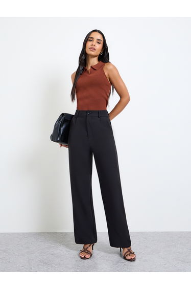 Black Solid Straight-Leg Pants