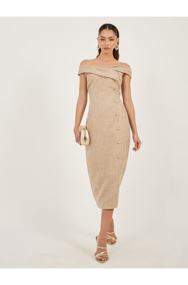 Tweed Sleeveless Off Shoulder Sheath Midi Dress