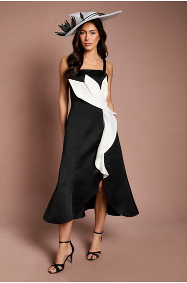 Structured Satin Floral Detail Midi Dress
