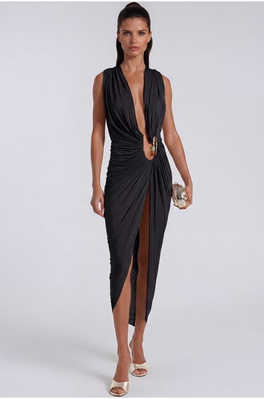 Ceylin Plunge Split Ruch Midi Dress In Black