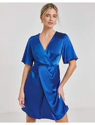Cobalt Satin Wrap Front Dress - 1