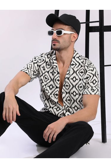 Men White All Over Print Resort Collar Shirt