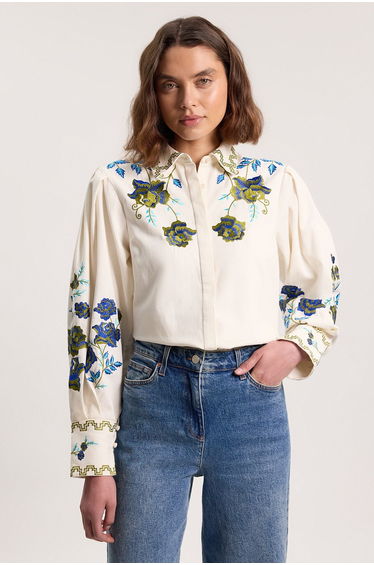 Rose Embroidered Cotton Twill Woven Blouse